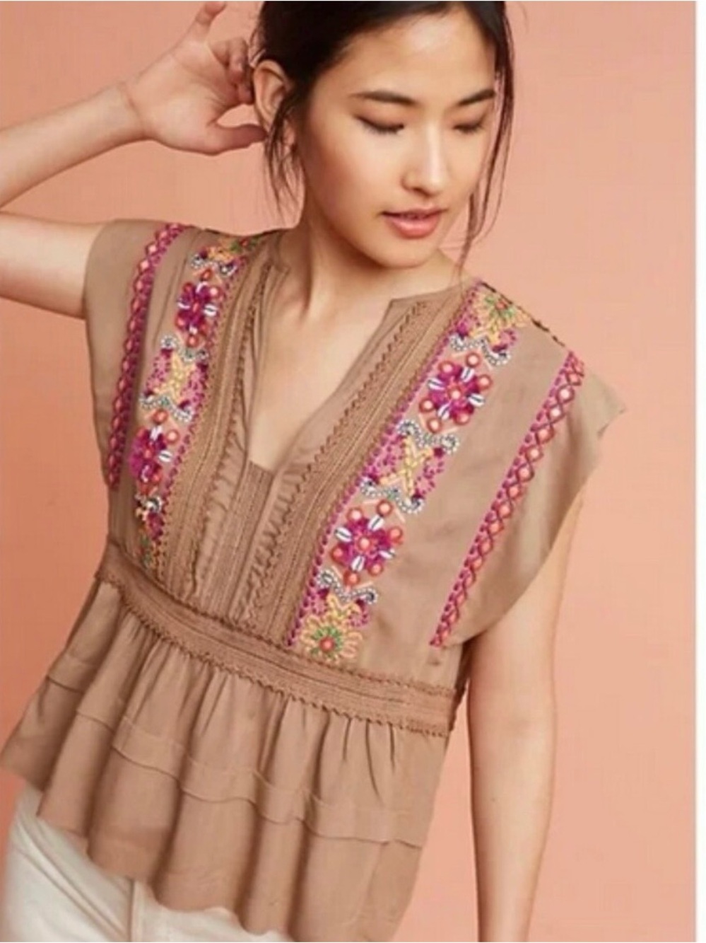 BLANK LONDON Sz S Colorful Embroidered Crocheted Top Mocha Boho Hippy Chic
